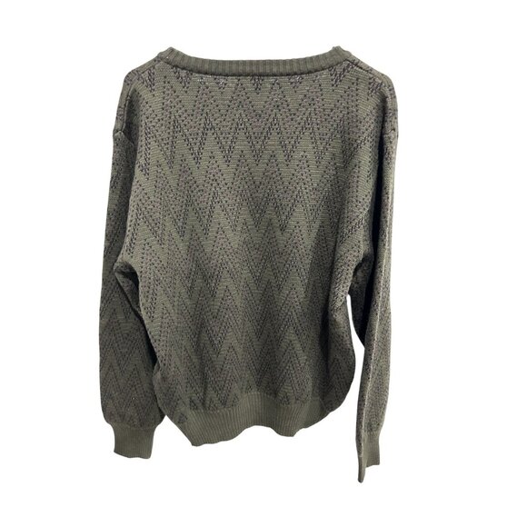 Chevron Patterned Olive Purple V-Neck Sweater Sz XL Made In Uruguay Merino Wool - Picture 2 of 9